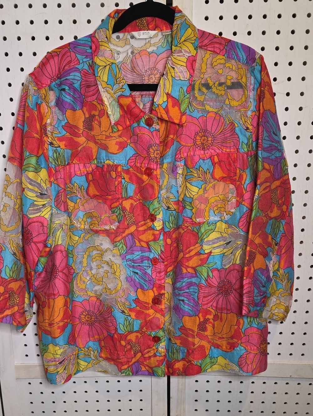 Erin Button-Down Bright Multicolor Tropical 2X Linen Blend Vintage